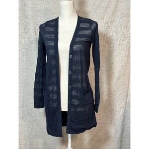 Delirious Navy Blue Sheer Stripes Lightweight Button Up Long Cardigan Pockets XL